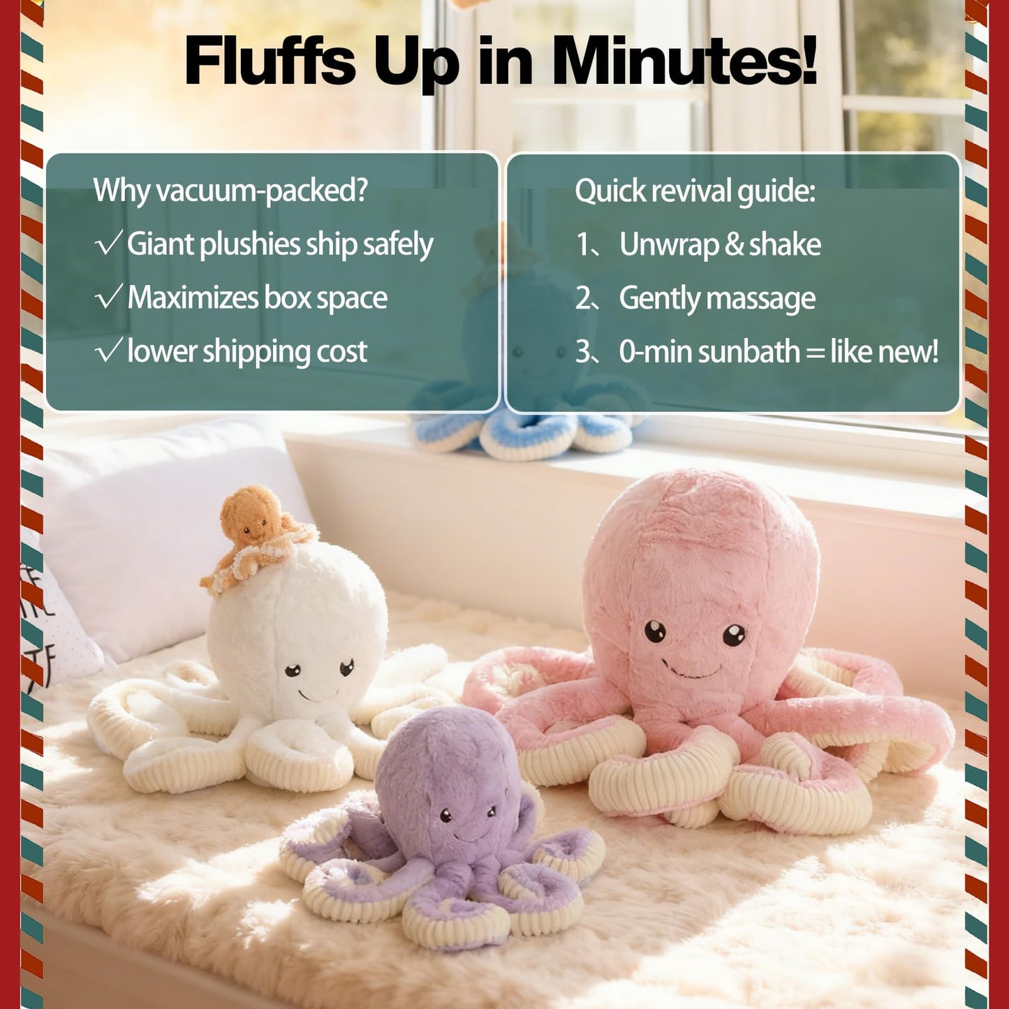 DENTRUN Giant Octopus Plush Toy – 7/16/24/32 in, 5 Colors, Soft Cotton Plush