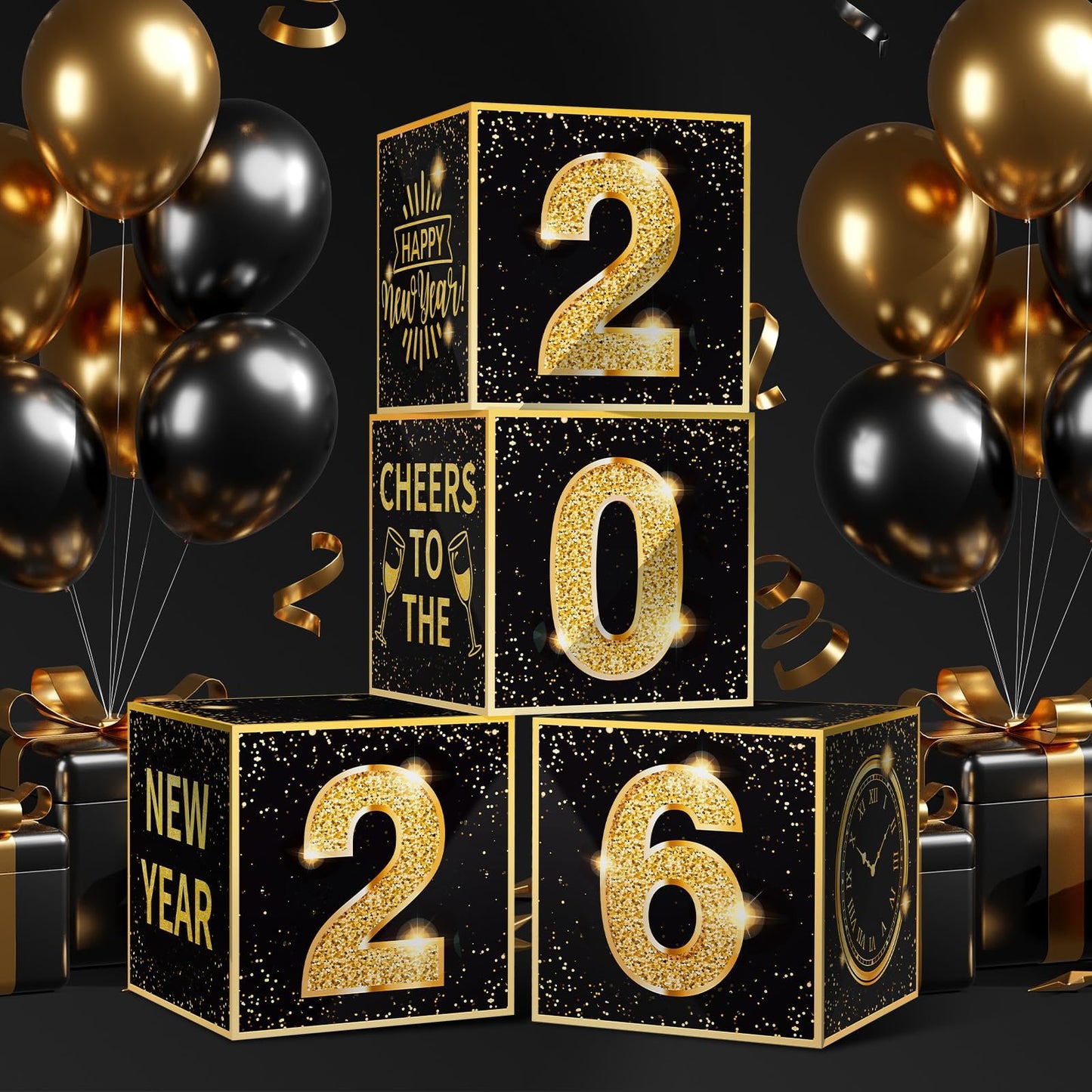 Denylo Pro New Year's Eve Balloon Box Kit 2026 – Gold & Black Party Decor (4-Pack)