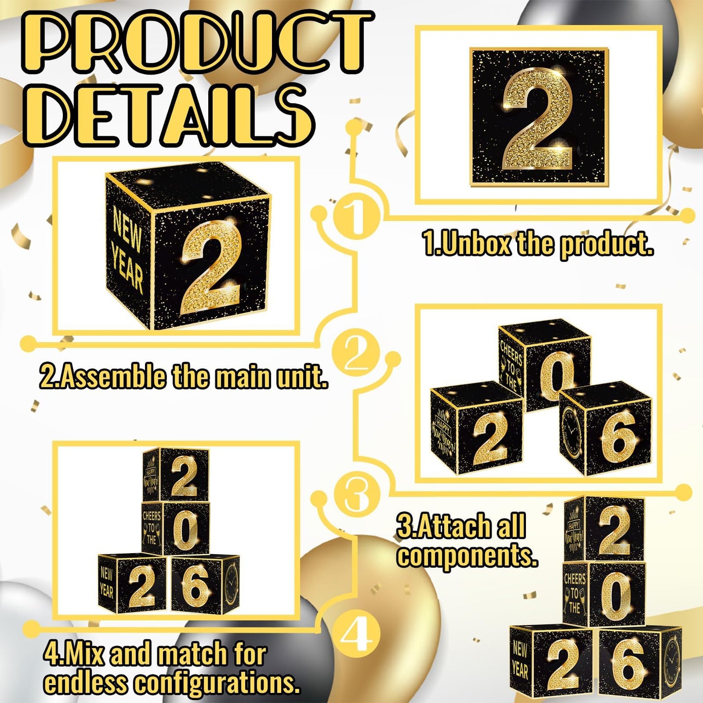Denylo Pro New Year's Eve Balloon Box Kit 2026 – Gold & Black Party Decor (4-Pack)
