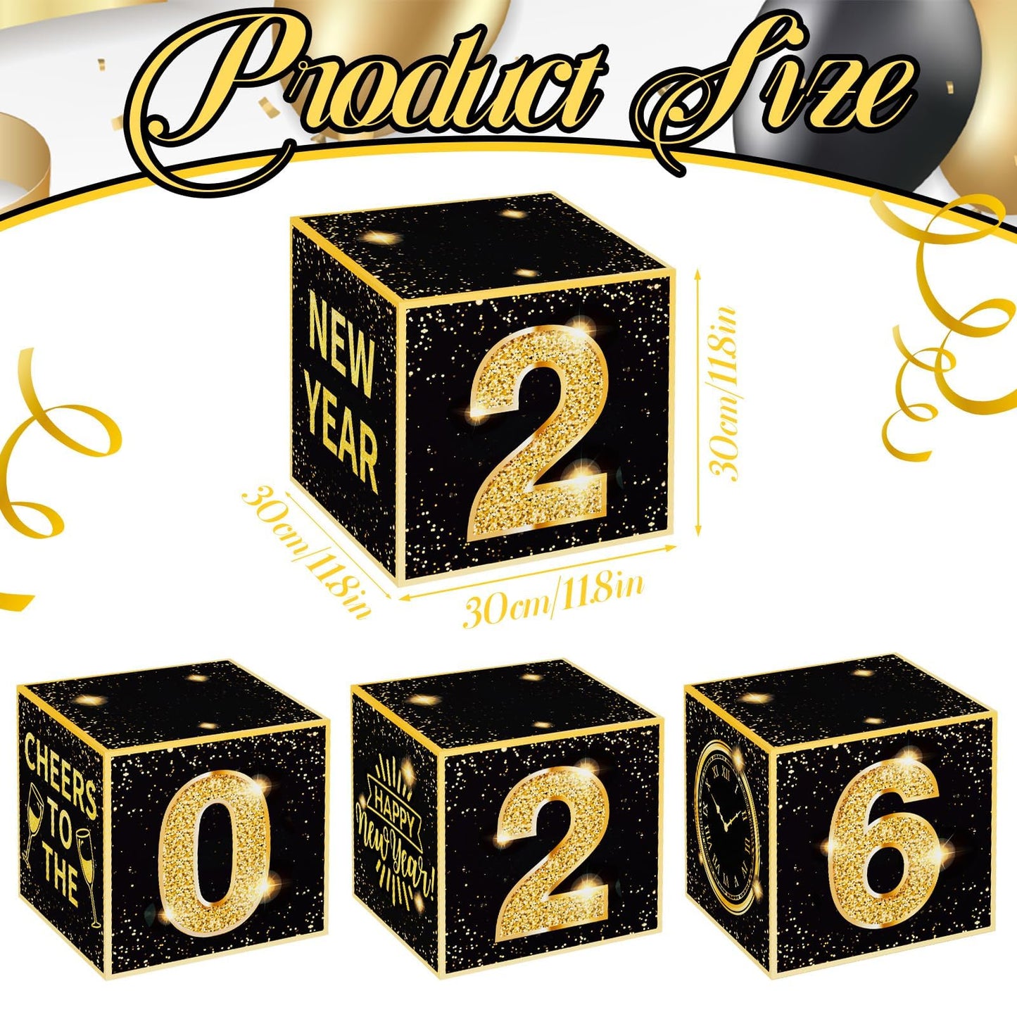 Denylo Pro New Year's Eve Balloon Box Kit 2026 – Gold & Black Party Decor (4-Pack)