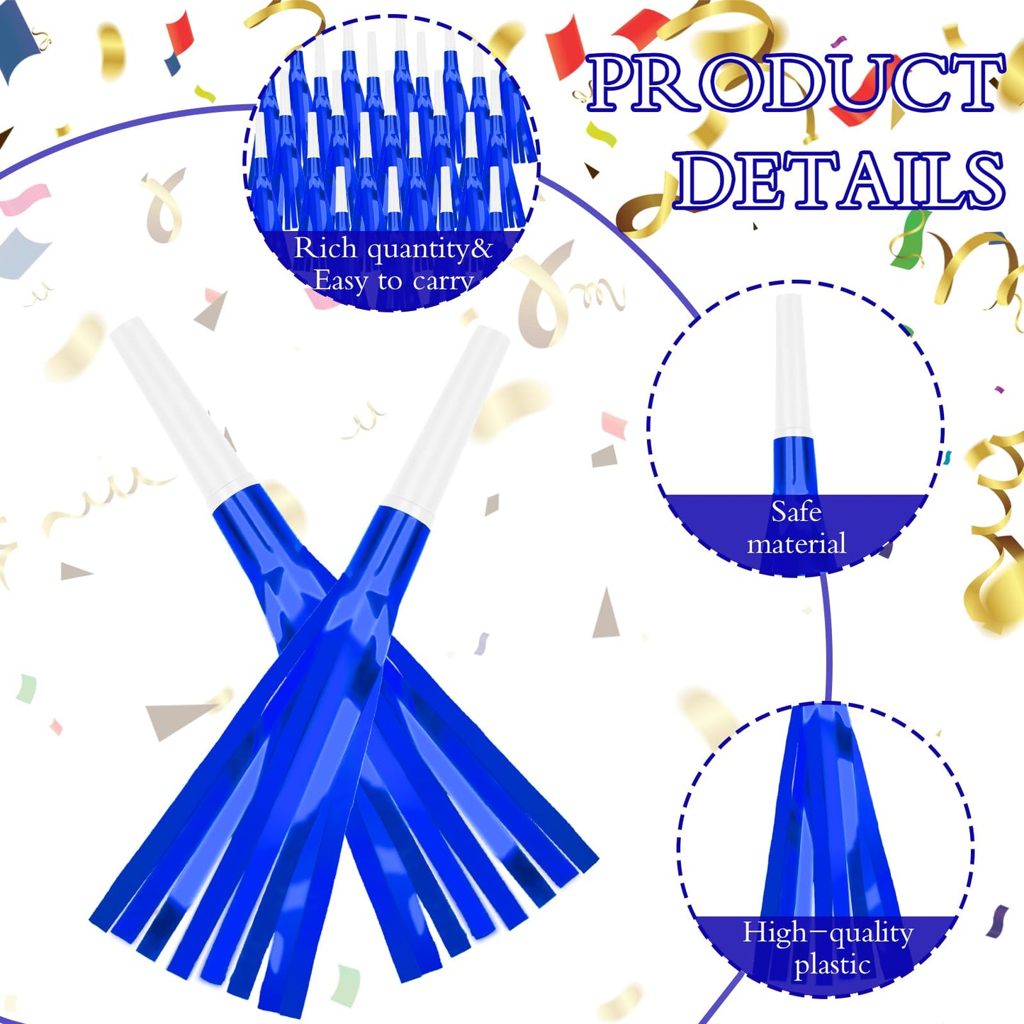 Denylo pro 24 Pcs Glitter Noise Makers – Blue Metallic Party Horns for Celebrations