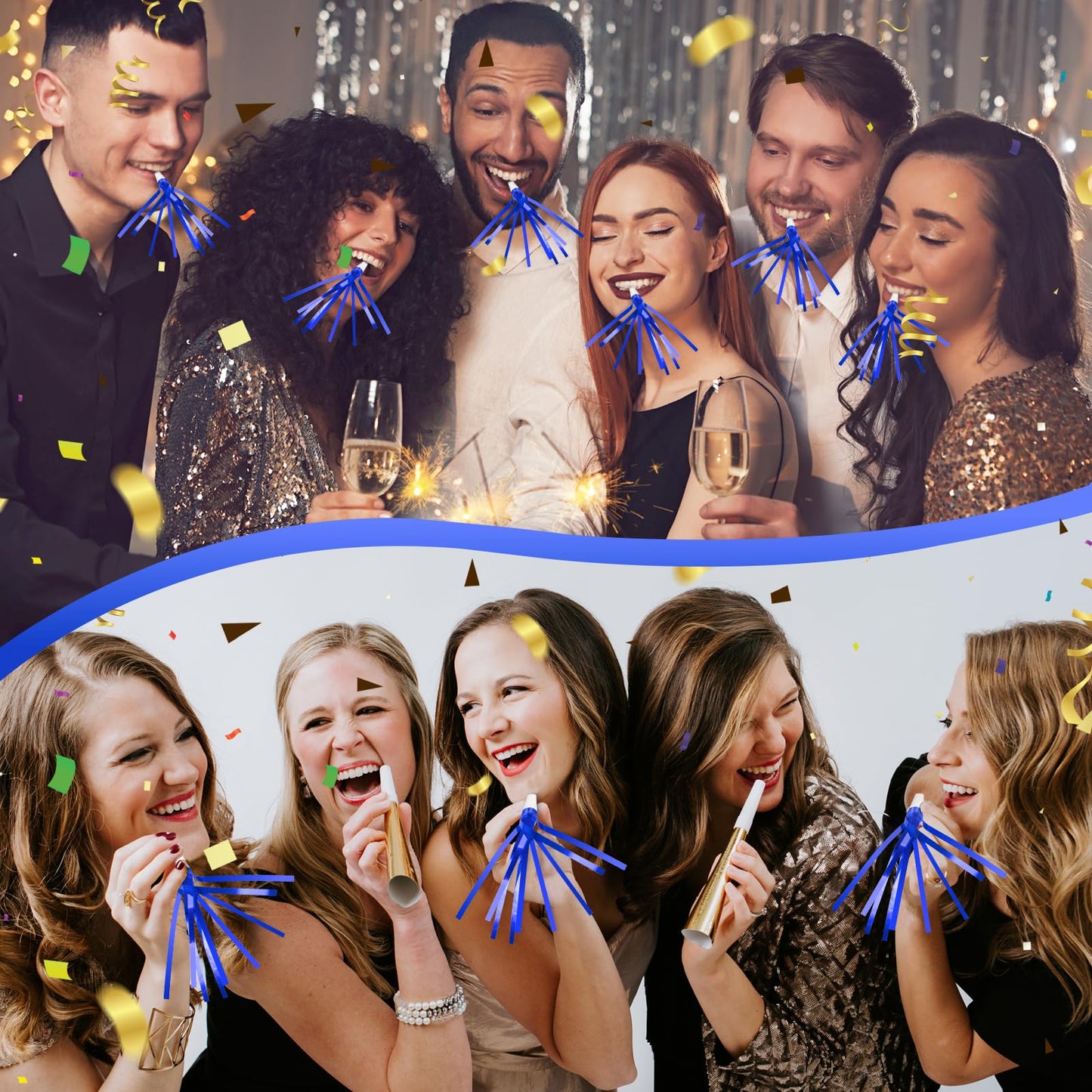 Denylo pro 24 Pcs Glitter Noise Makers – Blue Metallic Party Horns for Celebrations