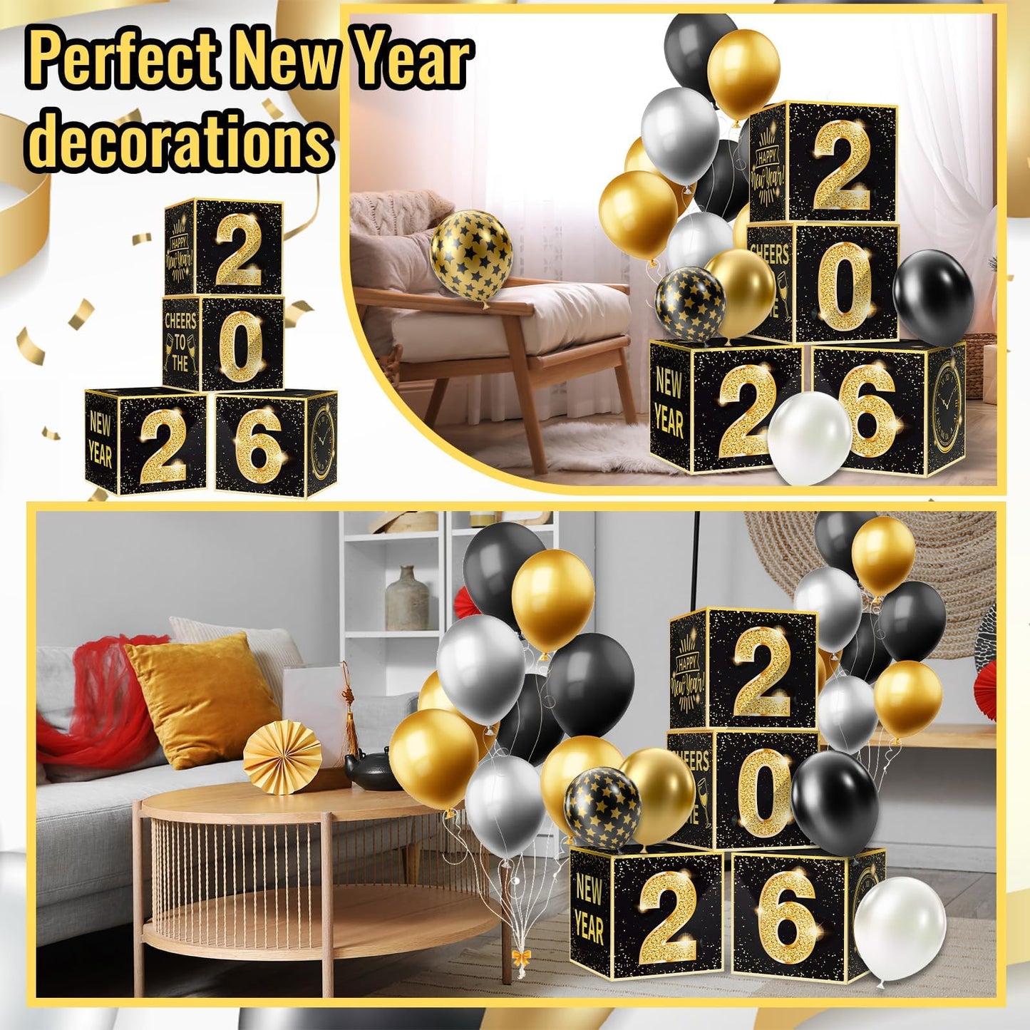 Denylo Pro New Year's Eve Balloon Box Kit 2026 – Gold & Black Party Decor (4-Pack)