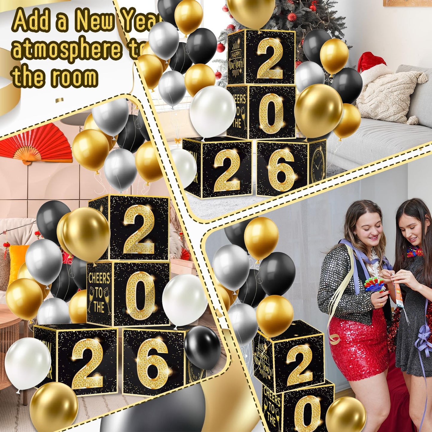 Denylo Pro New Year's Eve Balloon Box Kit 2026 – Gold & Black Party Decor (4-Pack)