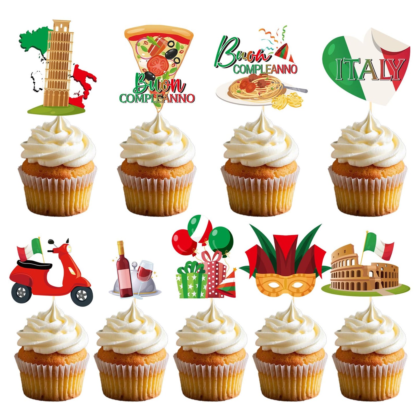 Deorfuy Italian Birthday Party Decorations – 36 Pcs Cupcake Toppers (Buon Compleanno)