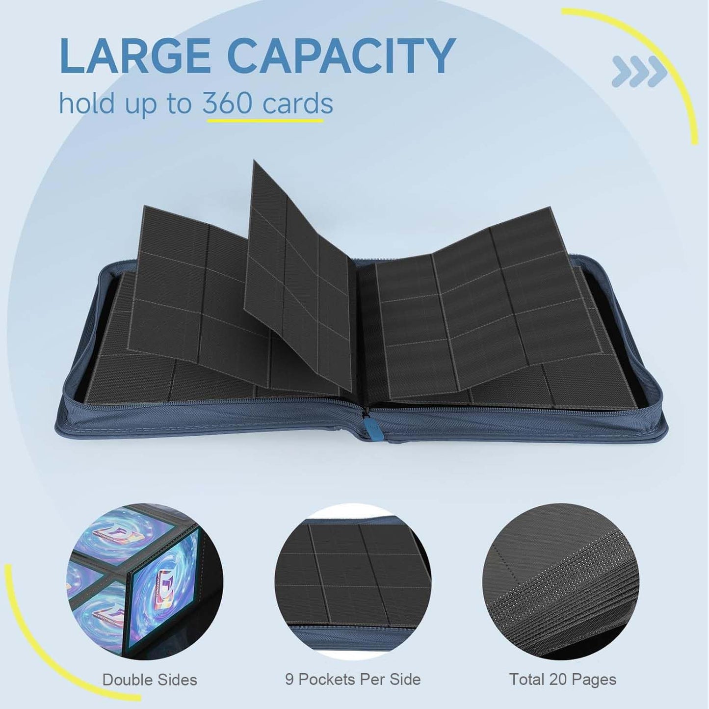 Deoyibu 9 Pocket Card Binder – 360 Card Capacity, Double-Sided, Navy Blue