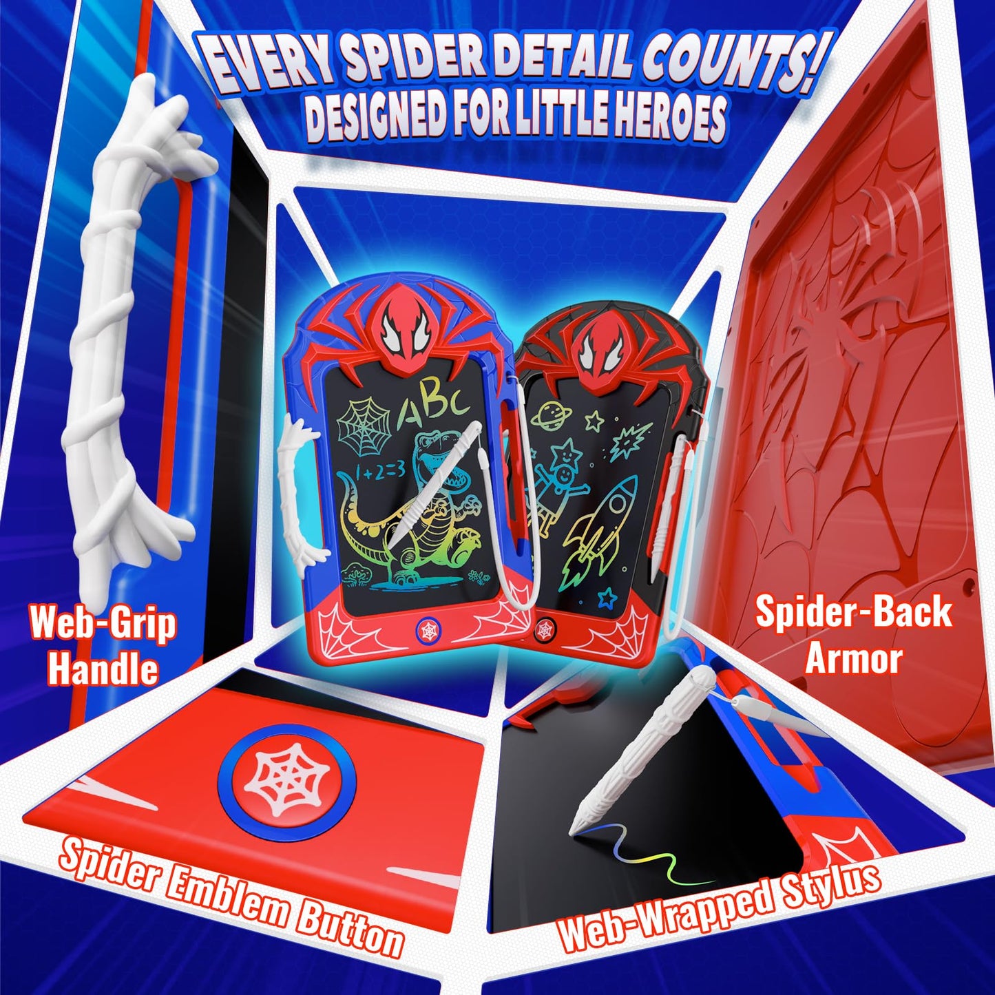 DEOZHANG LCD Writing Tablet 2 Pack – Red & Blue Hero Styles with Web Stylus & Grip