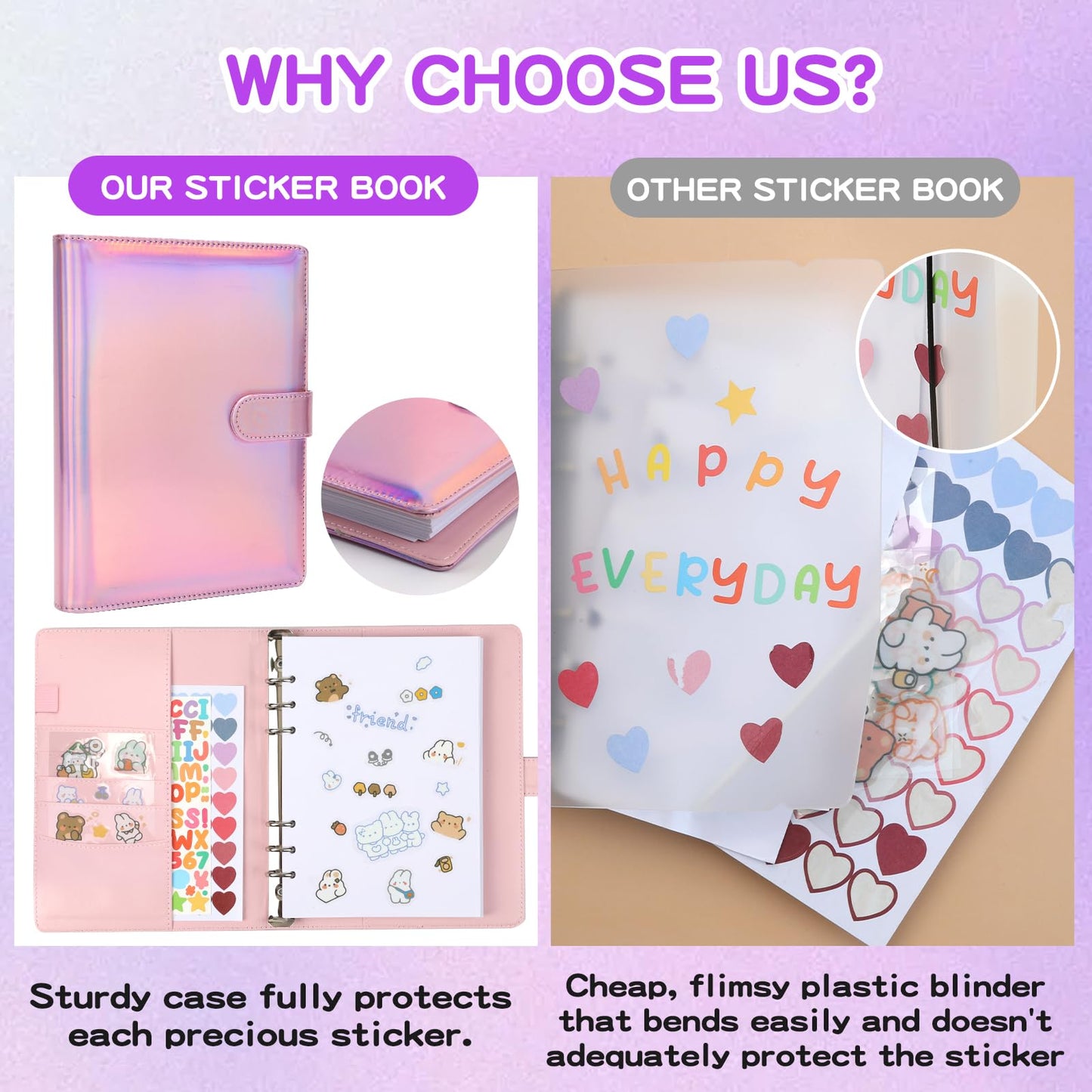 Deqing Warm Reusable Sticker Book Album | A5 PU Leather, 80 Sheets, Holographic Cover