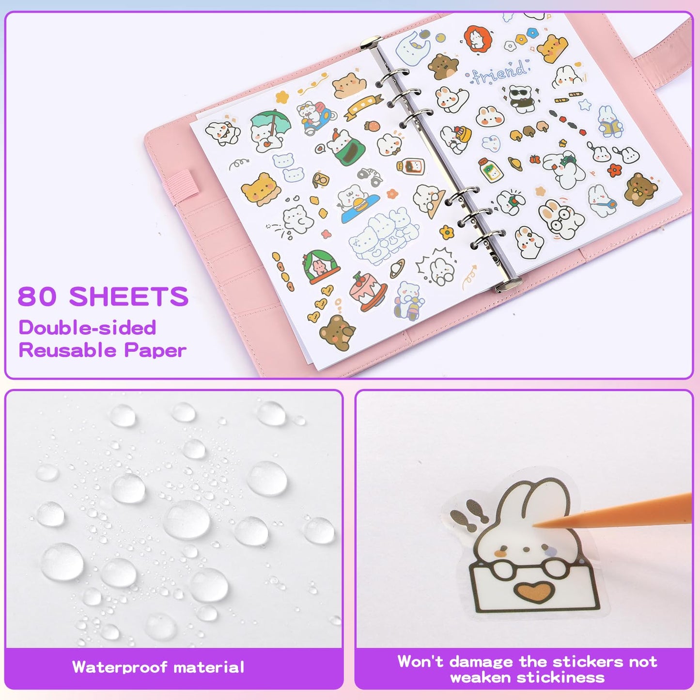 Deqing Warm Reusable Sticker Book Album | A5 PU Leather, 80 Sheets, Holographic Cover
