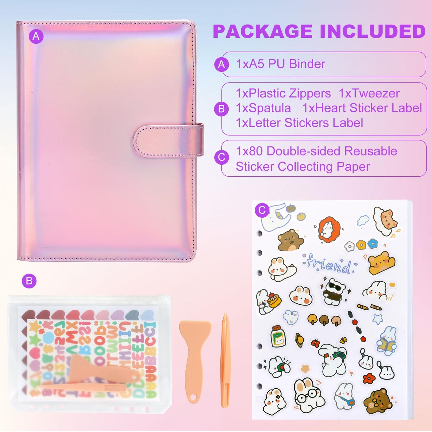 Deqing Warm Reusable Sticker Book Album | A5 PU Leather, 80 Sheets, Holographic Cover