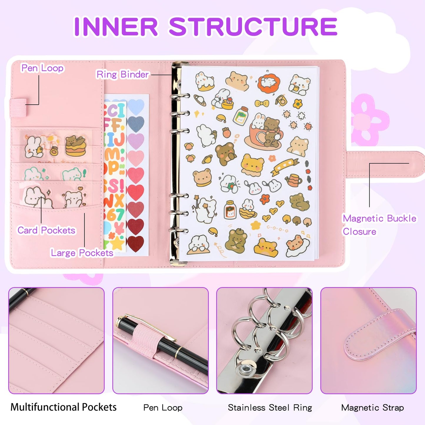 Deqing Warm Reusable Sticker Book Album | A5 PU Leather, 80 Sheets, Holographic Cover