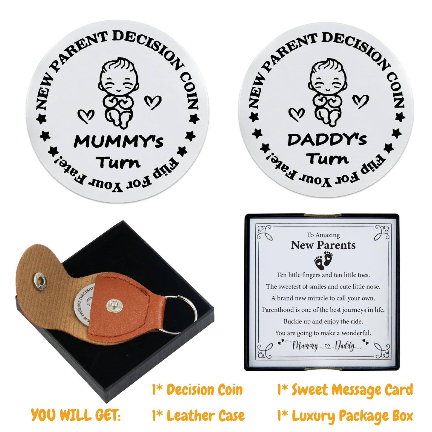 DESKINATOR Funny New Parent Decision Coin with Sweet Card – First Time Parents Gift