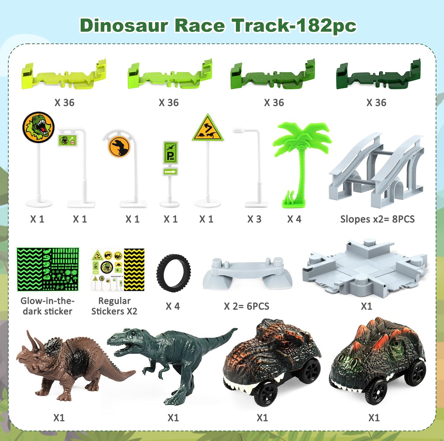 Desuccus Dinosaur Train Track Glow Set – 2 Dino Cars, 144 Flexible Pieces (Ages 3-7)
