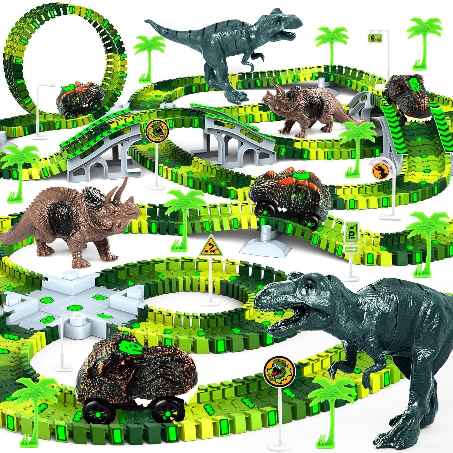 Desuccus Dinosaur Train Track Glow Set – 2 Dino Cars, 144 Flexible Pieces (Ages 3-7)
