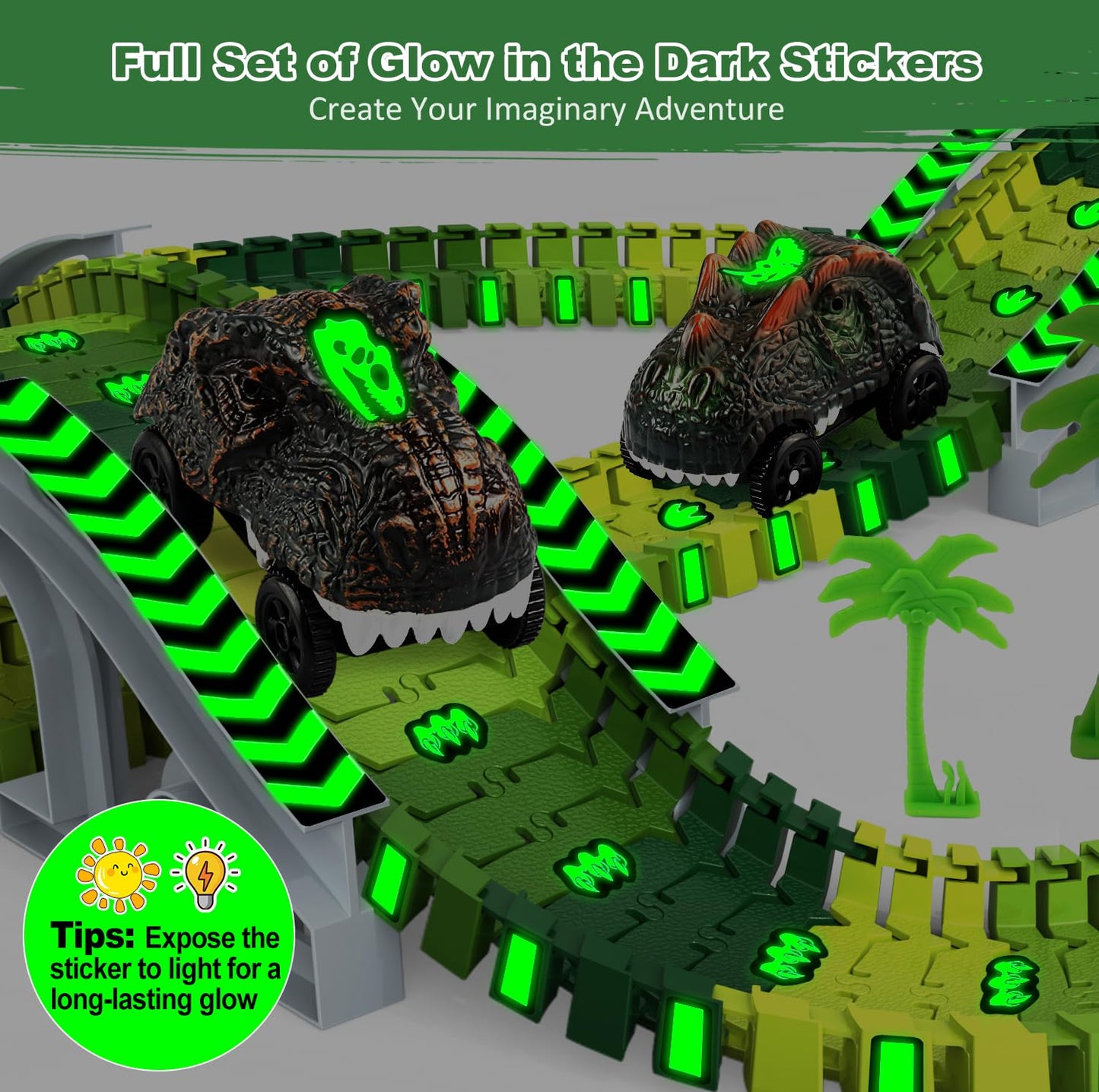 Desuccus Dinosaur Train Track Glow Set – 2 Dino Cars, 144 Flexible Pieces (Ages 3-7)