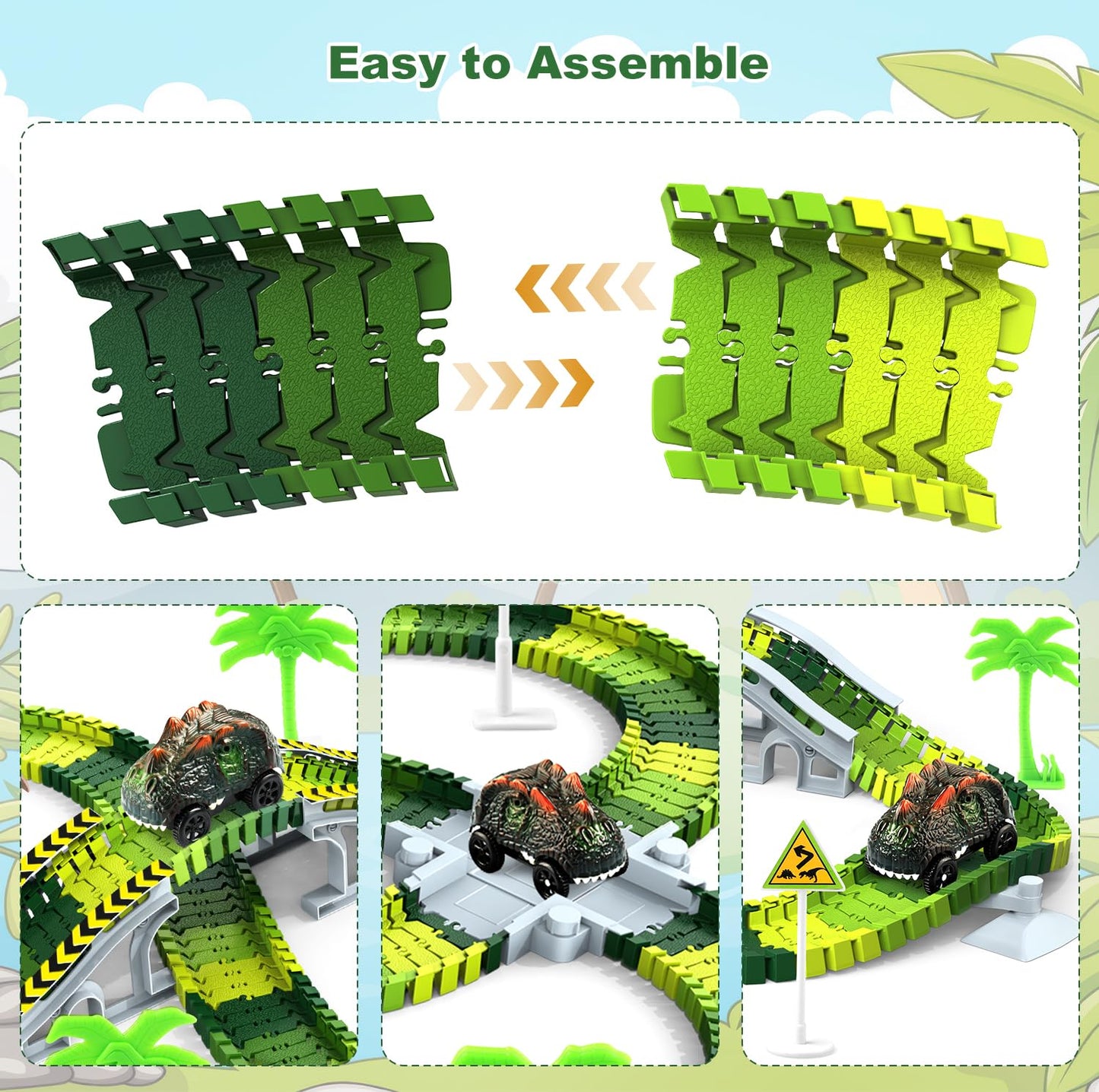 Desuccus Dinosaur Train Track Glow Set – 2 Dino Cars, 144 Flexible Pieces (Ages 3-7)