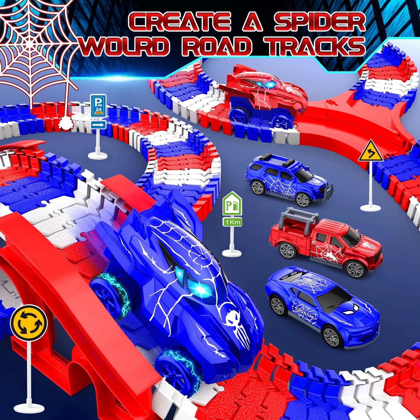 Desuccus Spider Race Track Set – 144 Pieces, 2 Battery Cars & 3 Push Cars | For Ages 3-8