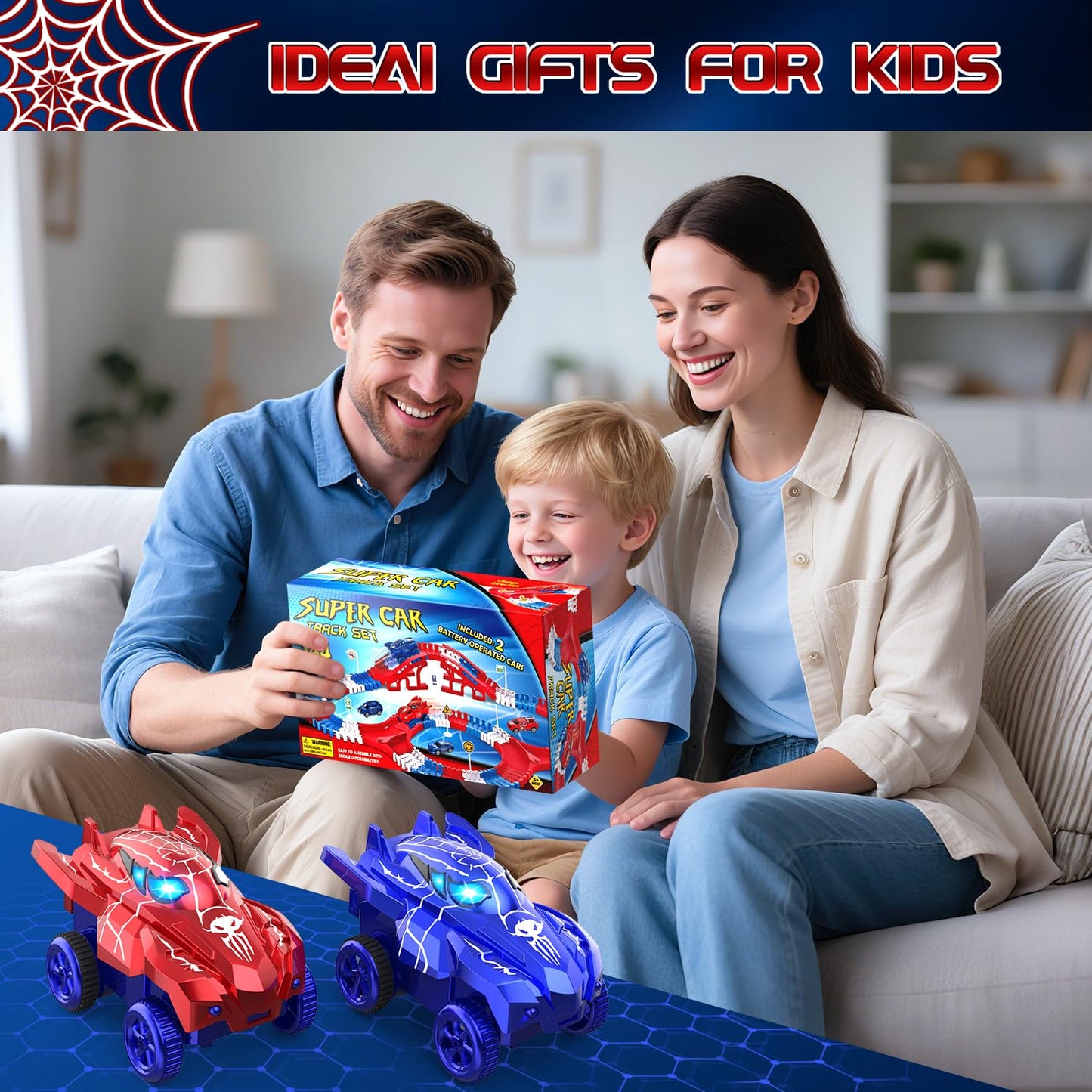 Desuccus Spider Race Track Set – 144 Pieces, 2 Battery Cars & 3 Push Cars | For Ages 3-8