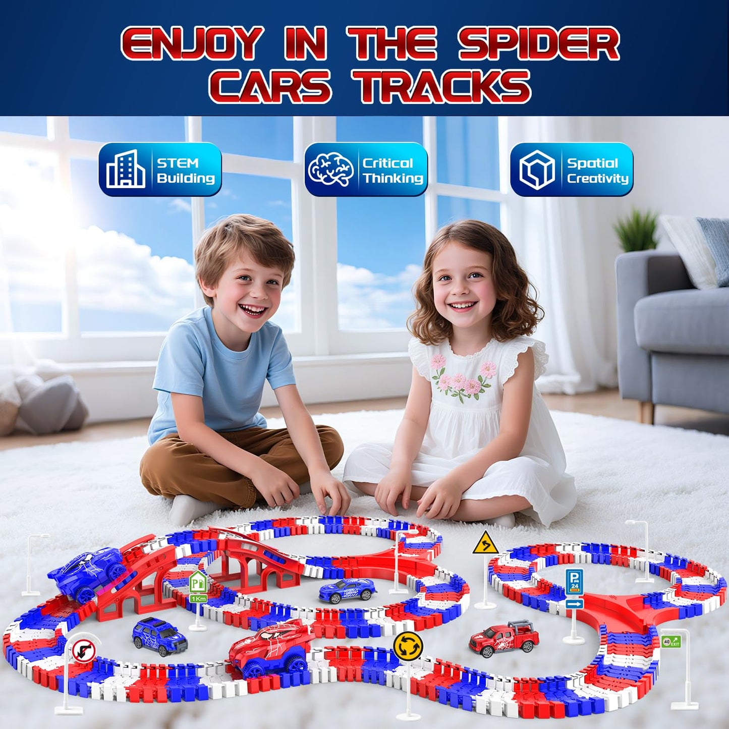 Desuccus Spider Race Track Set – 144 Pieces, 2 Battery Cars & 3 Push Cars | For Ages 3-8