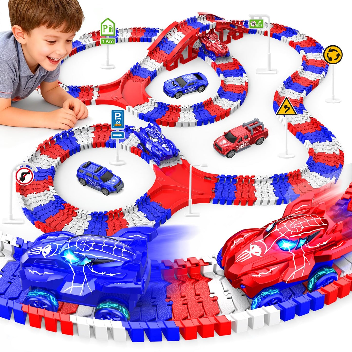 Desuccus Spider Race Track Set – 144 Pieces, 2 Battery Cars & 3 Push Cars | For Ages 3-8
