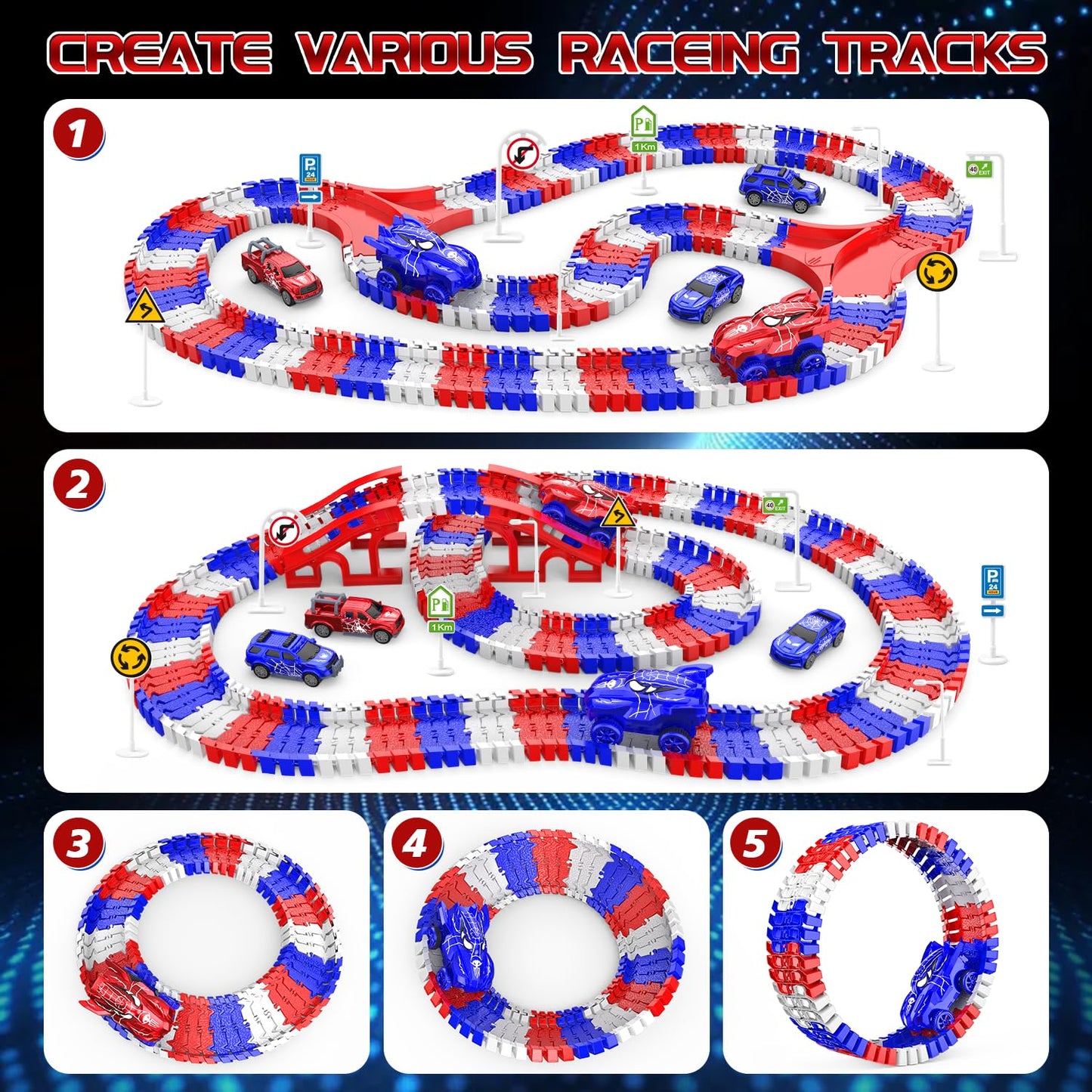 Desuccus Spider Race Track Set – 144 Pieces, 2 Battery Cars & 3 Push Cars | For Ages 3-8