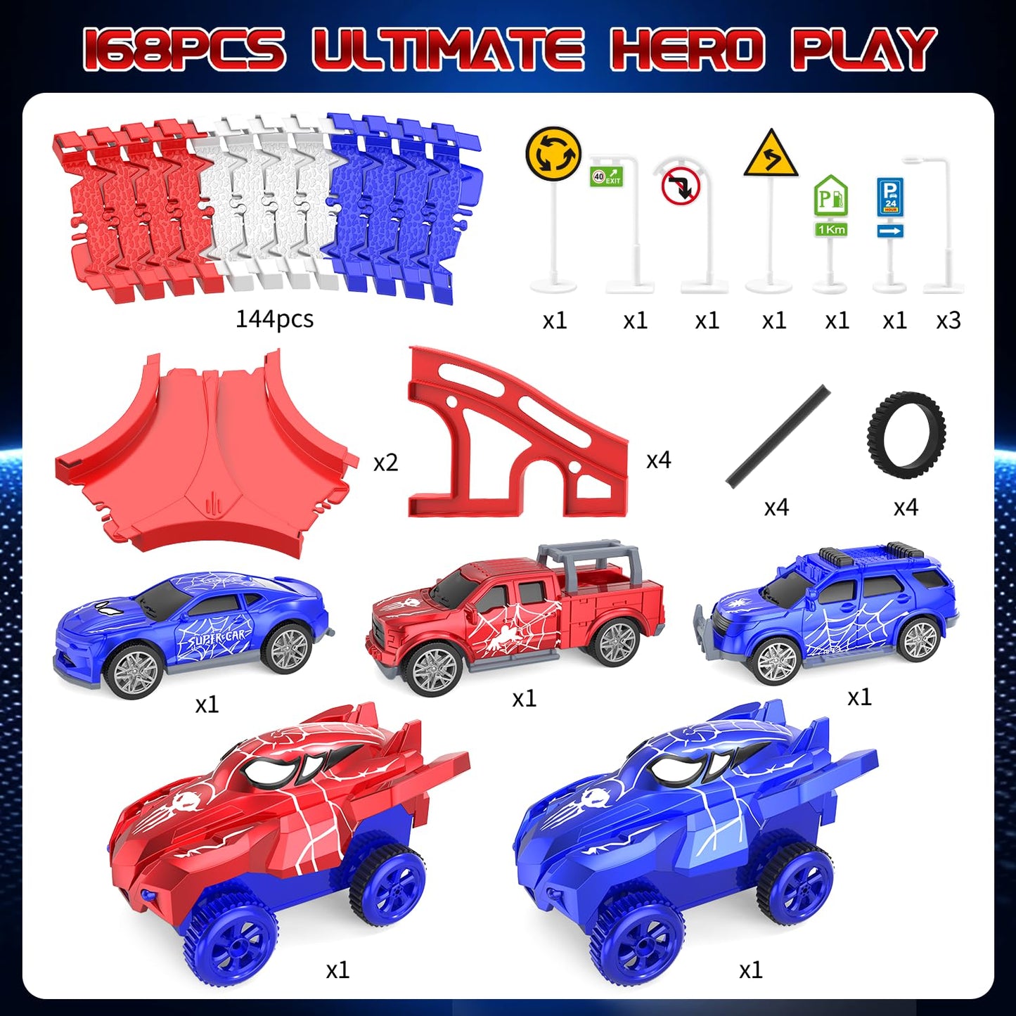 Desuccus Spider Race Track Set – 144 Pieces, 2 Battery Cars & 3 Push Cars | For Ages 3-8