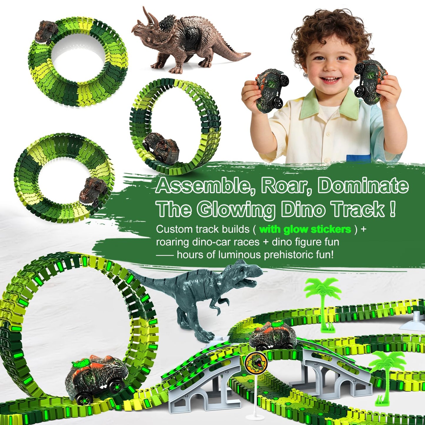 Desuccus Dinosaur Train Track Glow Set – 2 Dino Cars, 144 Flexible Pieces (Ages 3-7)
