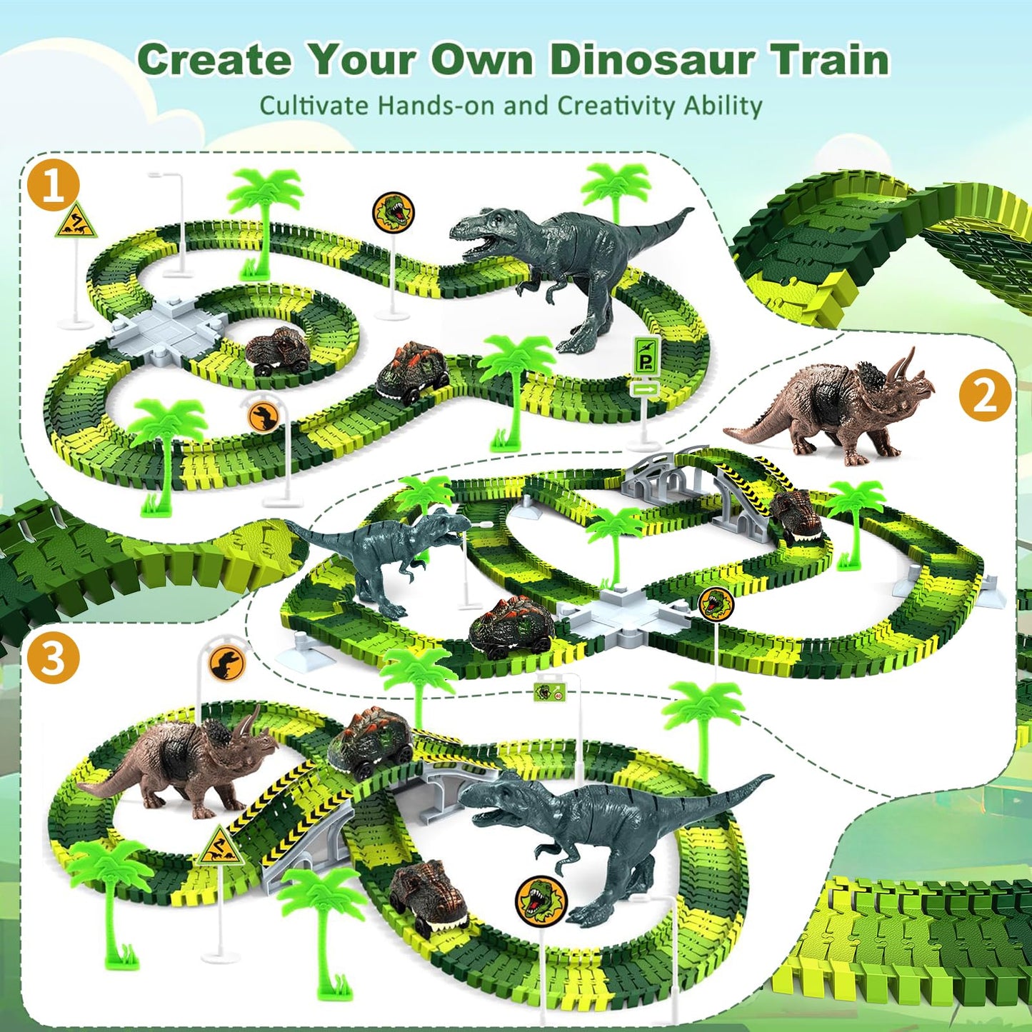 Desuccus Dinosaur Train Track Glow Set – 2 Dino Cars, 144 Flexible Pieces (Ages 3-7)