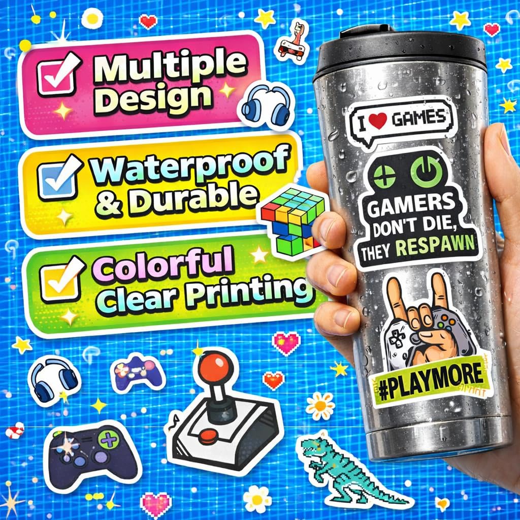 DETICKERS Water Bottle Stickers for Boys – 50 Waterproof Video Game Vinyl Stickers