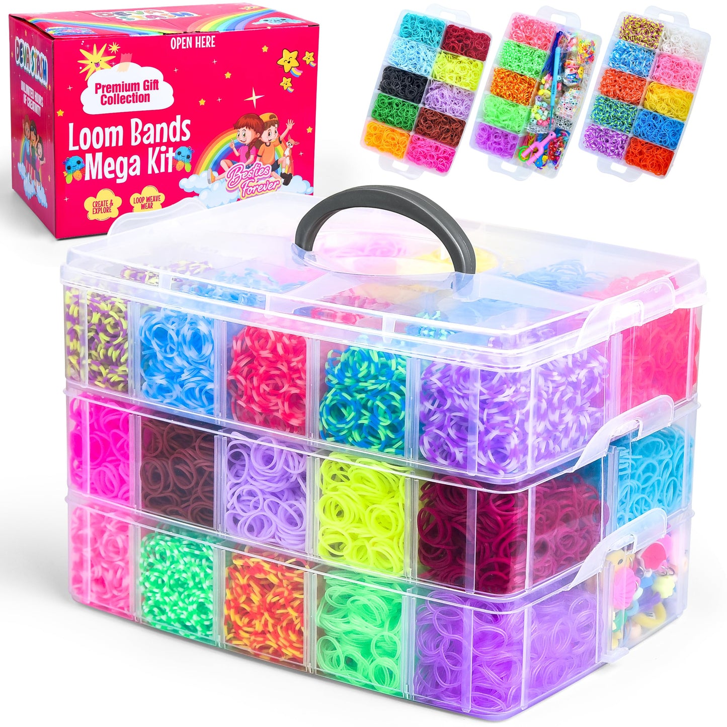 DEVA STASH 15200+ Rubber Band Bracelet Kit – 25 Colour Loom Bracelet Set with Clips, Charms & Beads