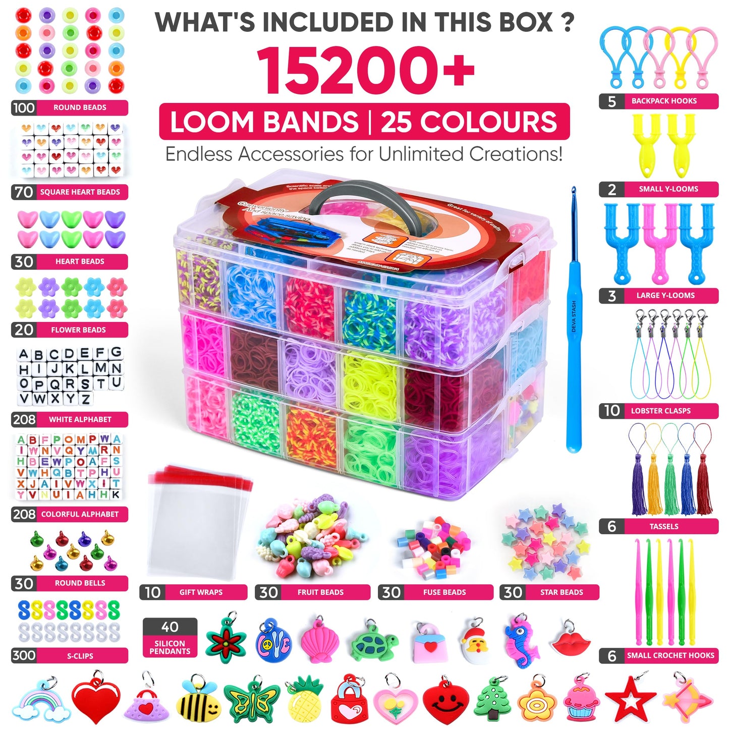 DEVA STASH 15200+ Rubber Band Bracelet Kit – 25 Colour Loom Bracelet Set with Clips, Charms & Beads