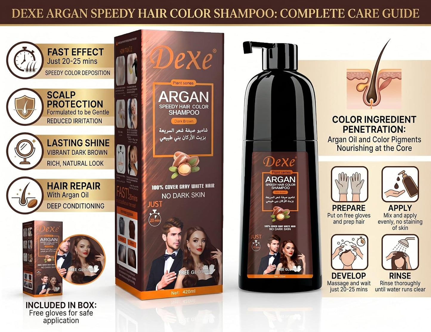 Dexe Argan Speedy Hair Colour Shampoo Instant Dark Brown Hair Dye 420ml/14.2 oz