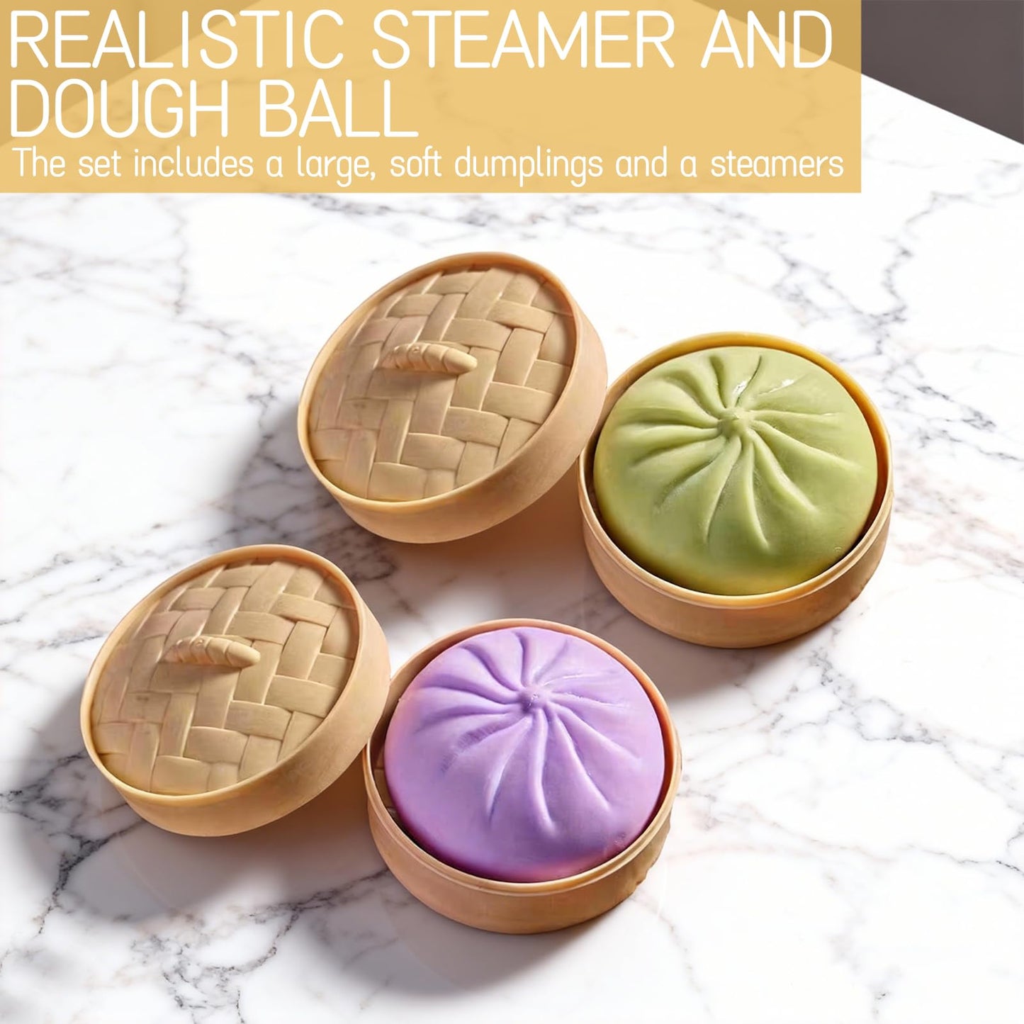 Dexprosy Giant Squishy Dumpling with Steamer – Rainbow Bun Stress Relief Toy (Yellow)
