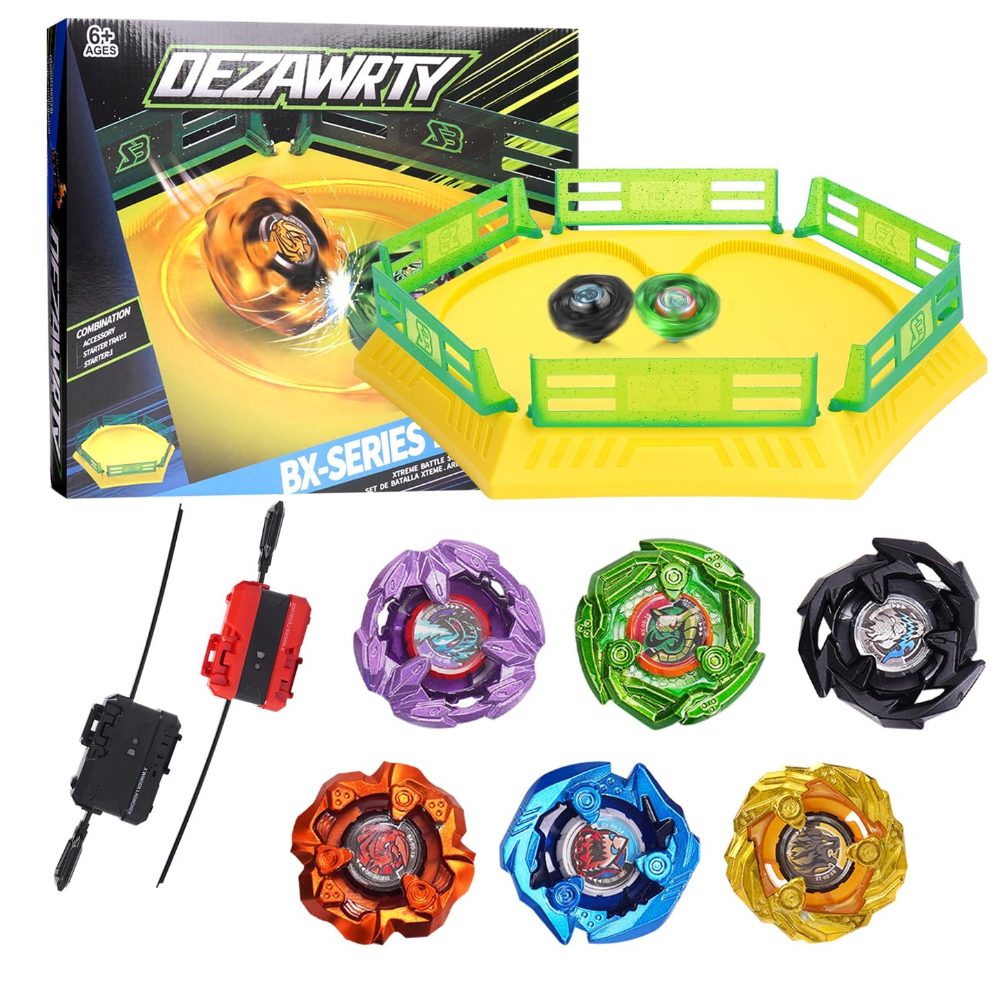 DEZAWRTY Gyro Stadium X Battle Set — 6 Tops, 2 Launchers, Blade Arena, X Acceleration Rail
