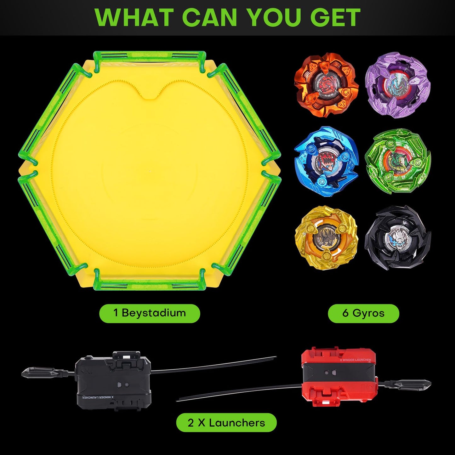 DEZAWRTY Gyro Stadium X Battle Set — 6 Tops, 2 Launchers, Blade Arena, X Acceleration Rail
