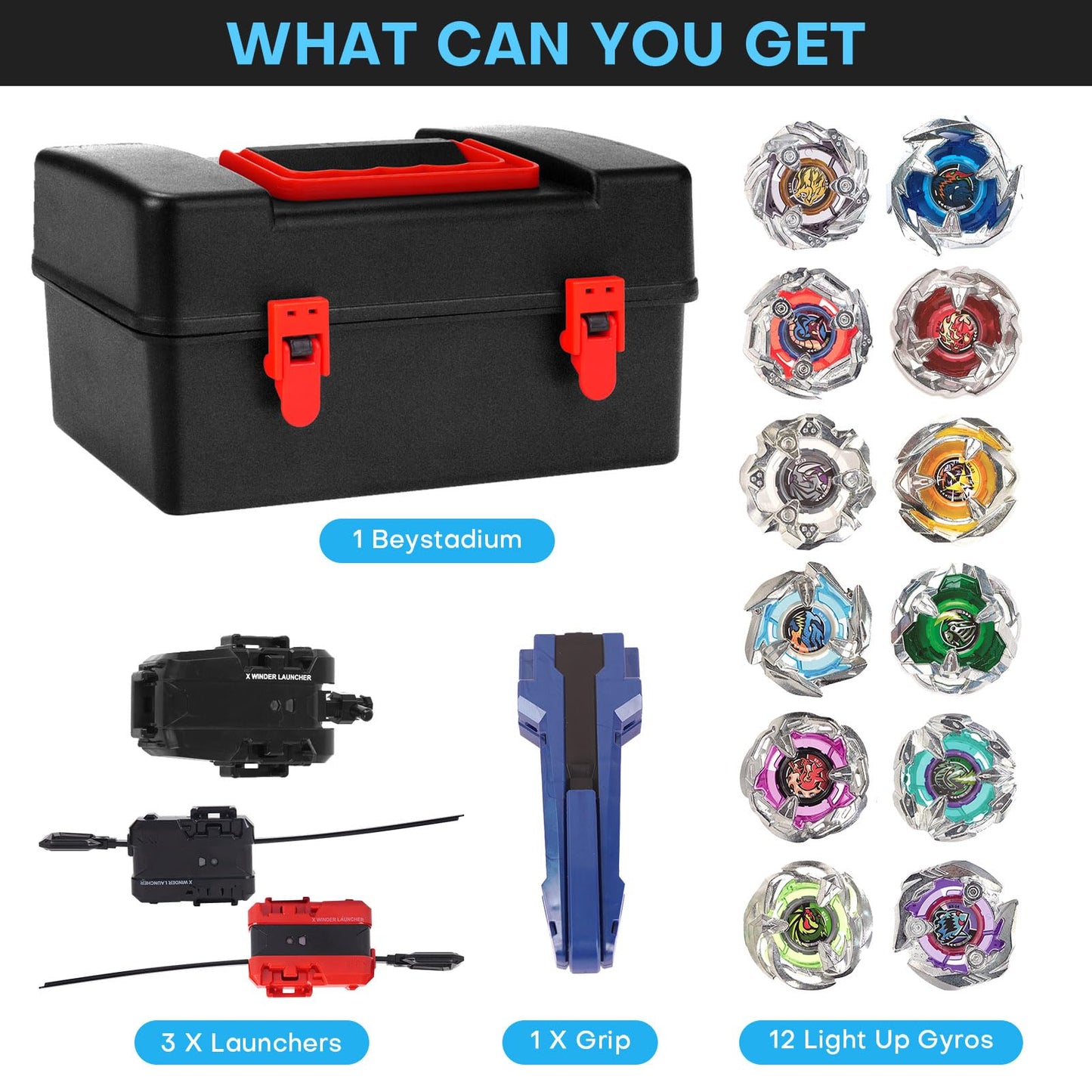DEZAWRTY Gyro X Battling Blade Set – 12 Tops, 3 Launchers, 1 Grip, Storage Box