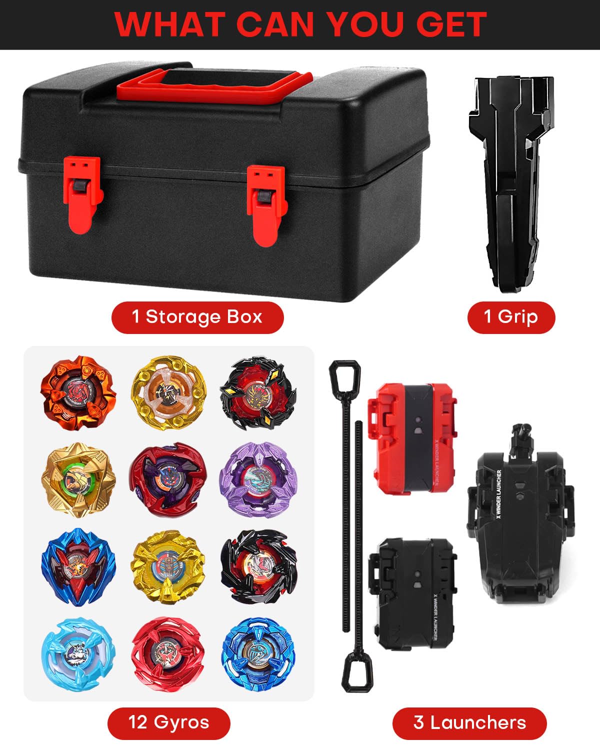 DEZAWRTY Gyro X Set – 12 Spinning Tops Starter Pack with 2 Launchers & Storage Box (Ages 6+)