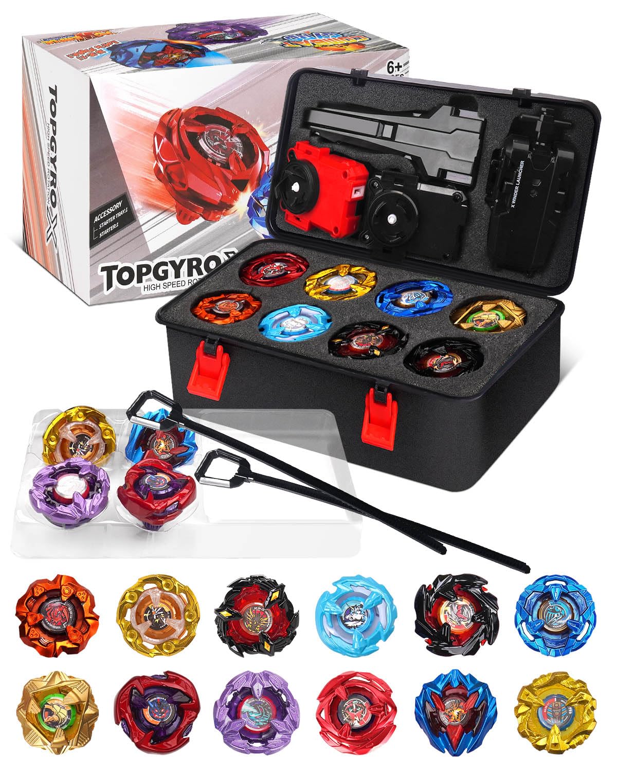 DEZAWRTY Gyro X Set – 12 Spinning Tops Starter Pack with 2 Launchers & Storage Box (Ages 6+)