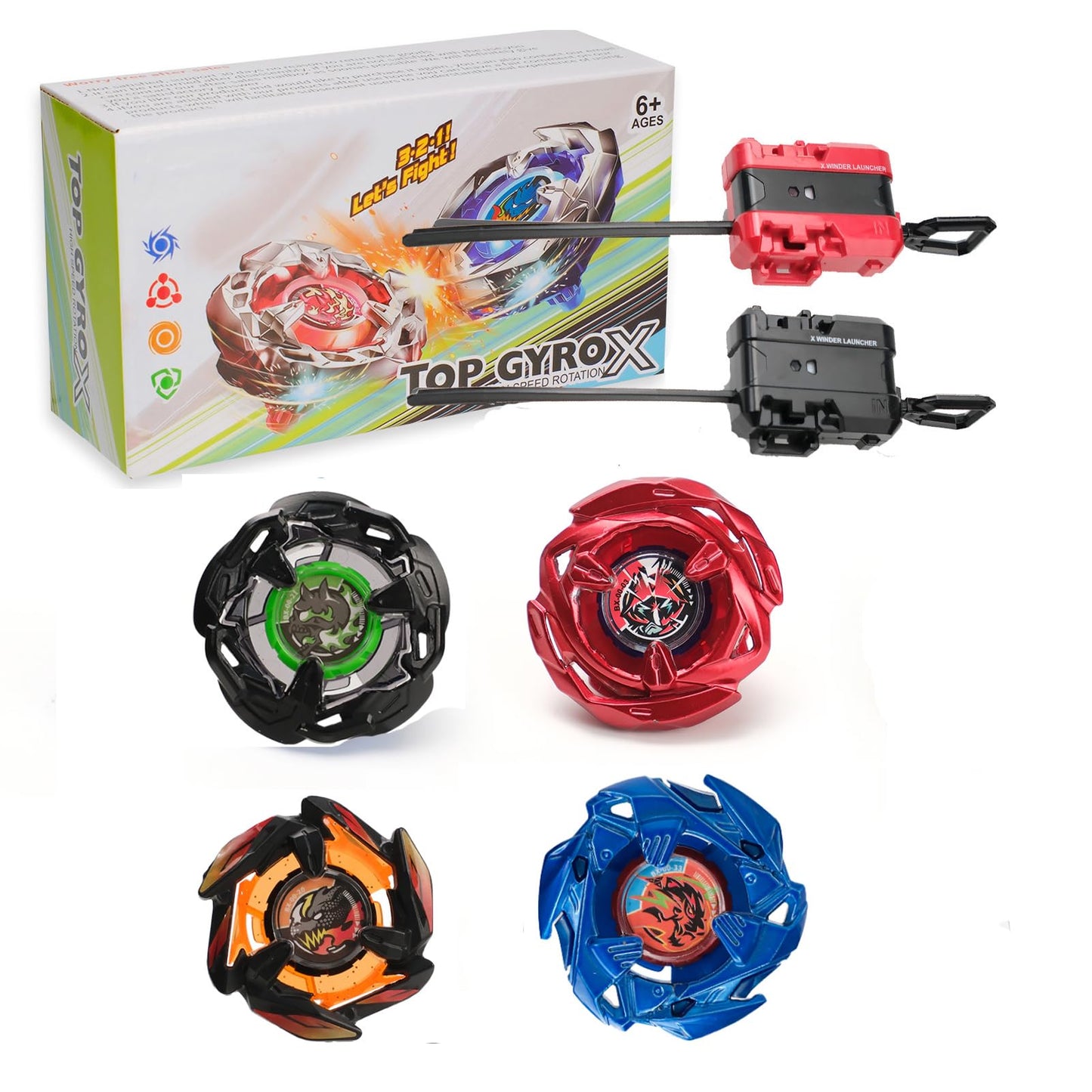 DEZAWRTY Gyro X Set: 4 Right-Spin Tops & 2 Launchers for Beginners | Beystadium Compatible