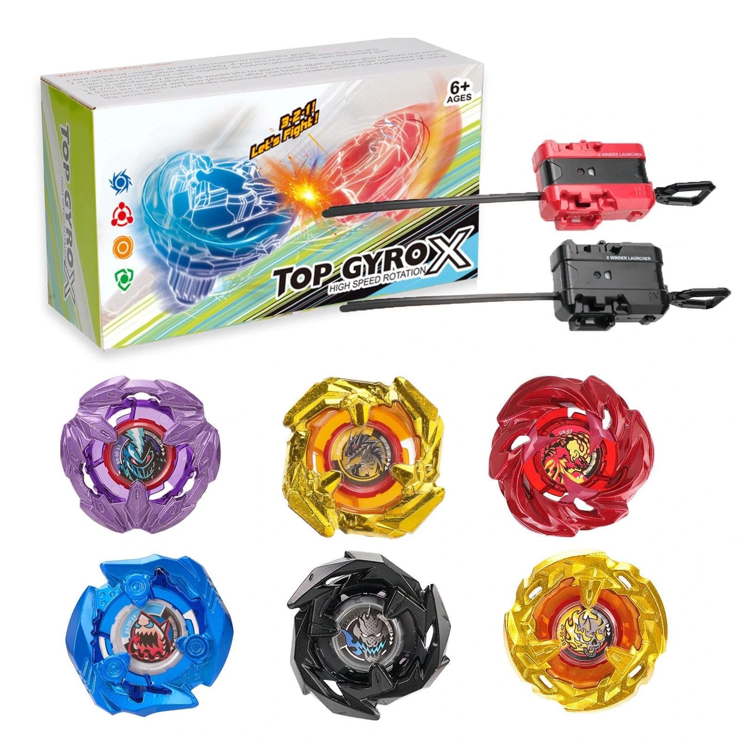 DEZAWRTY Gyro X Battle Blade Set - 6 Right Spinning Tops & 2 Launchers | Beystadium Compatible Starter Pack
