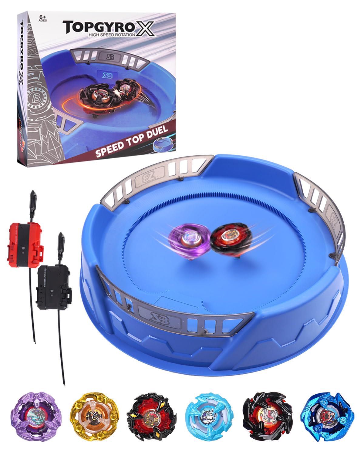 DEZAWRTY X Stadium Battle Set with X-Celeration Rail – 6 Right-Spin Tops, 2 Launchers, 1 Arena