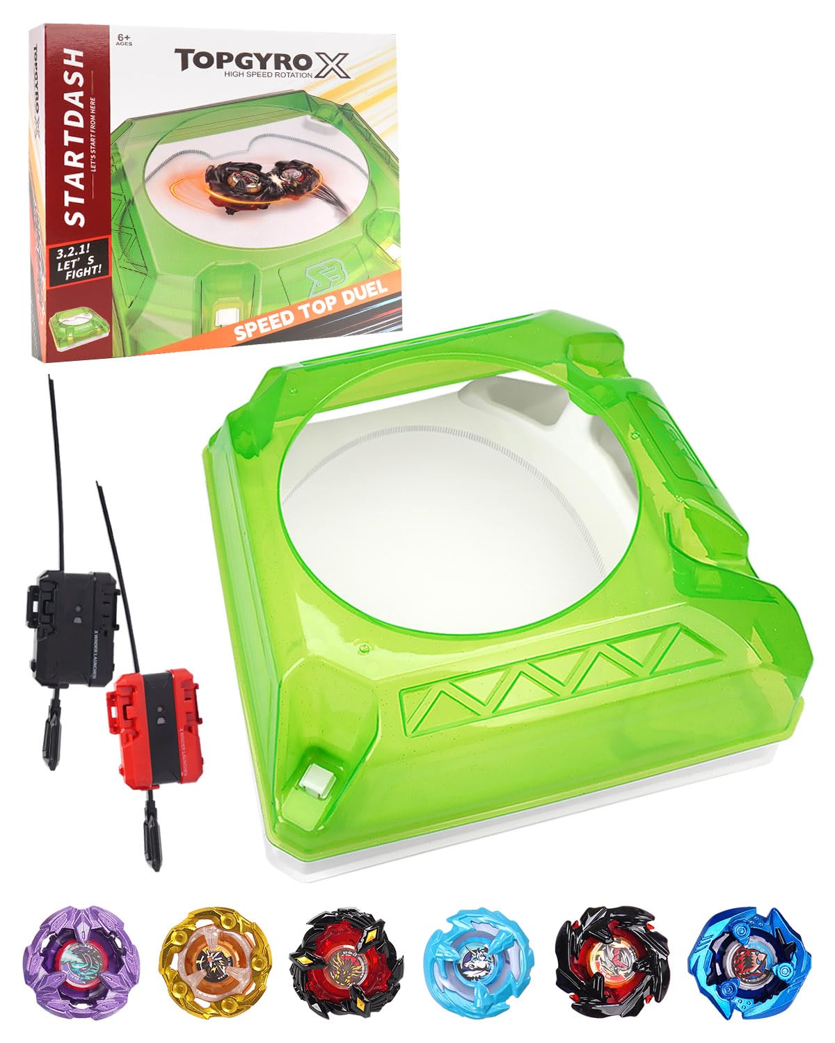 DEZAWRTY X Stadium Battle Set — 6 Tops, 2 Launchers, X-Celeration Arena