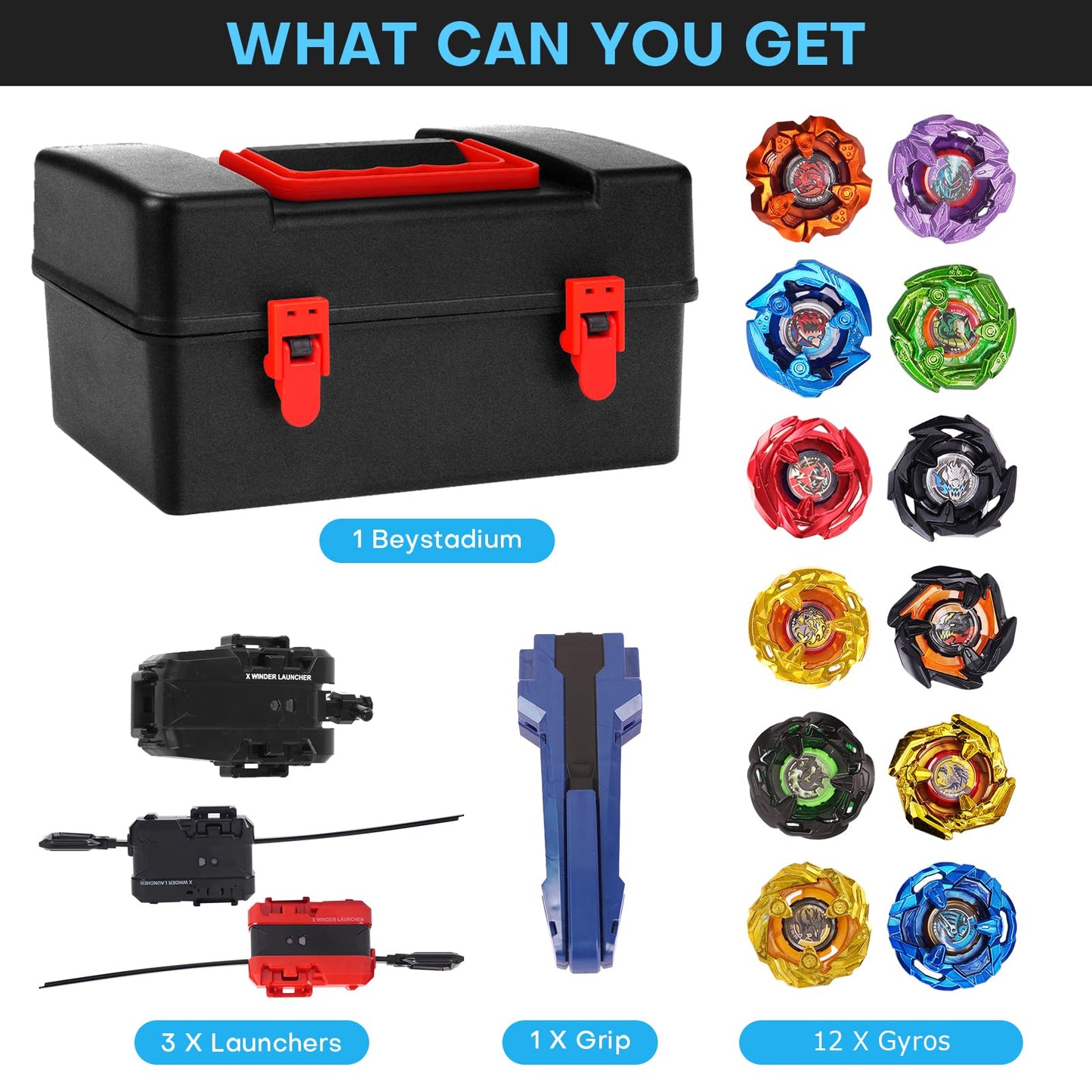 DEZAWRTY Gyro X Battling Blade Set – 12 Spinning Tops, 3 Launchers, 1 Grip, Storage Box