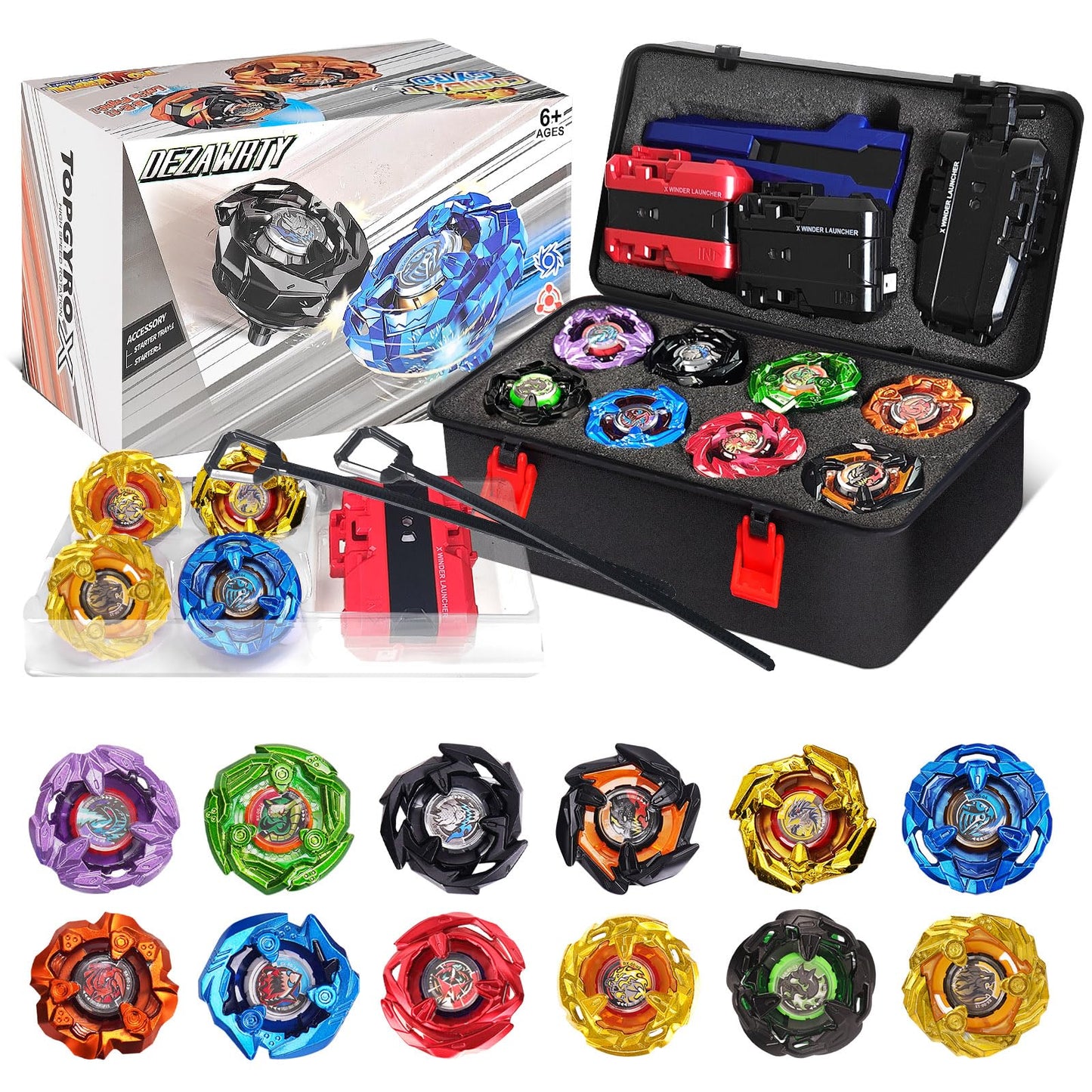 DEZAWRTY Gyro X Battling Blade Set – 12 Spinning Tops, 3 Launchers, 1 Grip, Storage Box