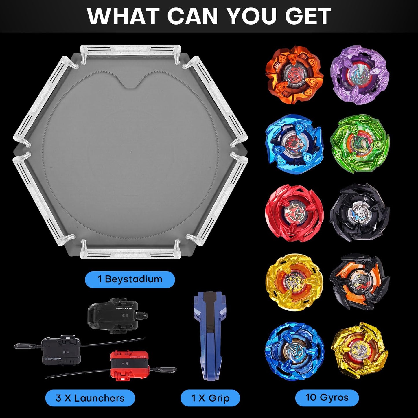 DEZAWRTY Gyro X Stadium Battling Set – 10 Tops, 3 Launchers