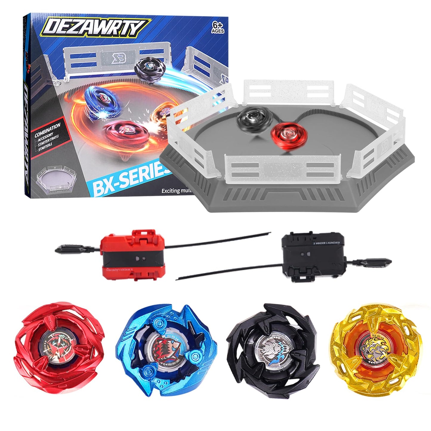 DEZAWRTY Gyro X Stadium Battling Set – 4 Spinning Tops, 2 Launchers, Arena with X Acceleration Rail, Grey