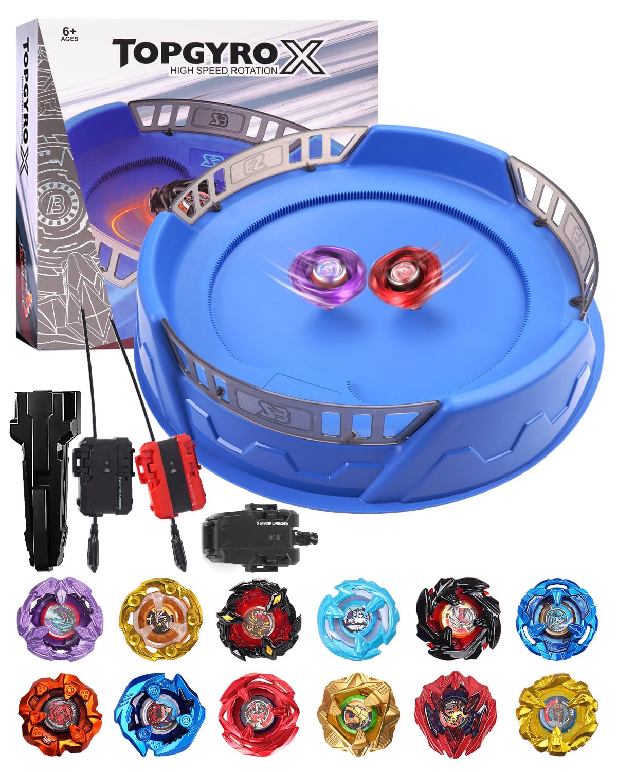 DEZAWRTY X Stadium Battle Set - X-Celeration Rail, 6 Right-Spin Tops, 2 Launchers, 1 Arena