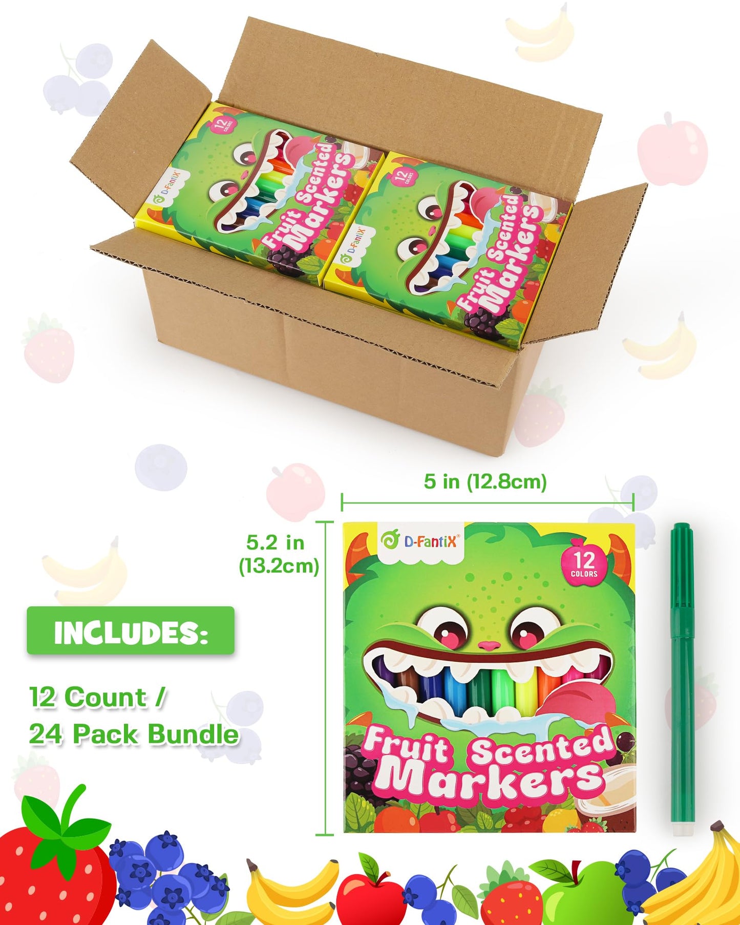 D-FantiX 288-Count Fruit Scented Washable Markers – 24 Packs, 12 Bold Colors for Classrooms & Parties