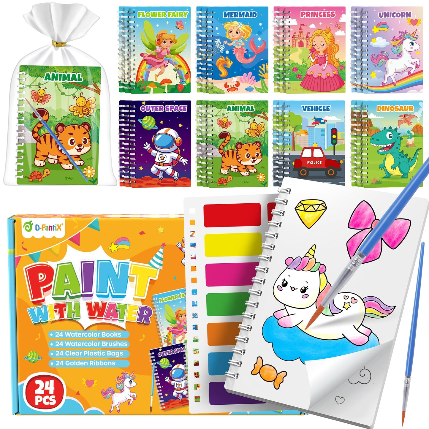 D-FantiX 24-Pack Paint with Water Coloring Books for Kids – Party Favors & Gifts