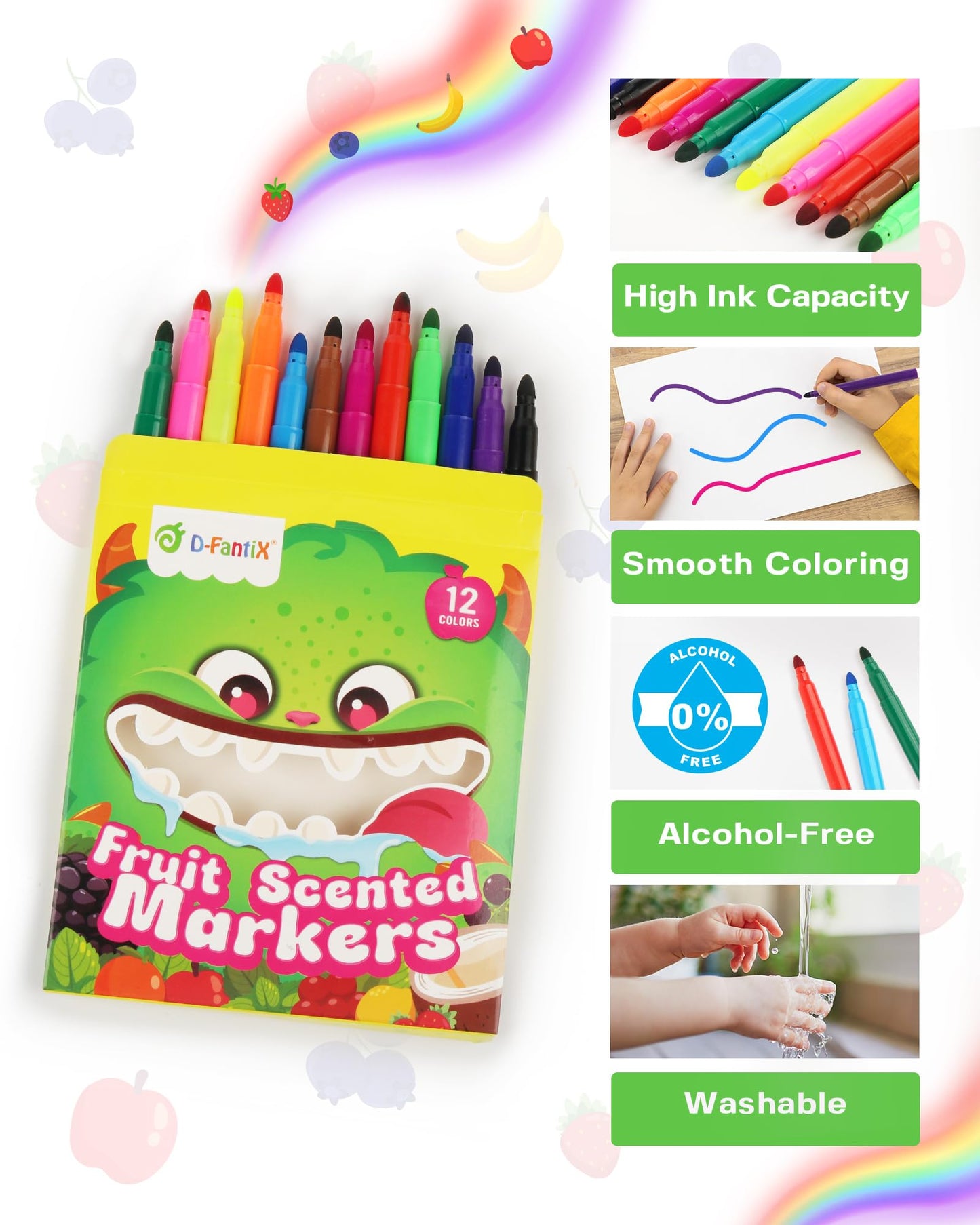 D-FantiX 288-Count Fruit Scented Washable Markers – 24 Packs, 12 Bold Colors for Classrooms & Parties
